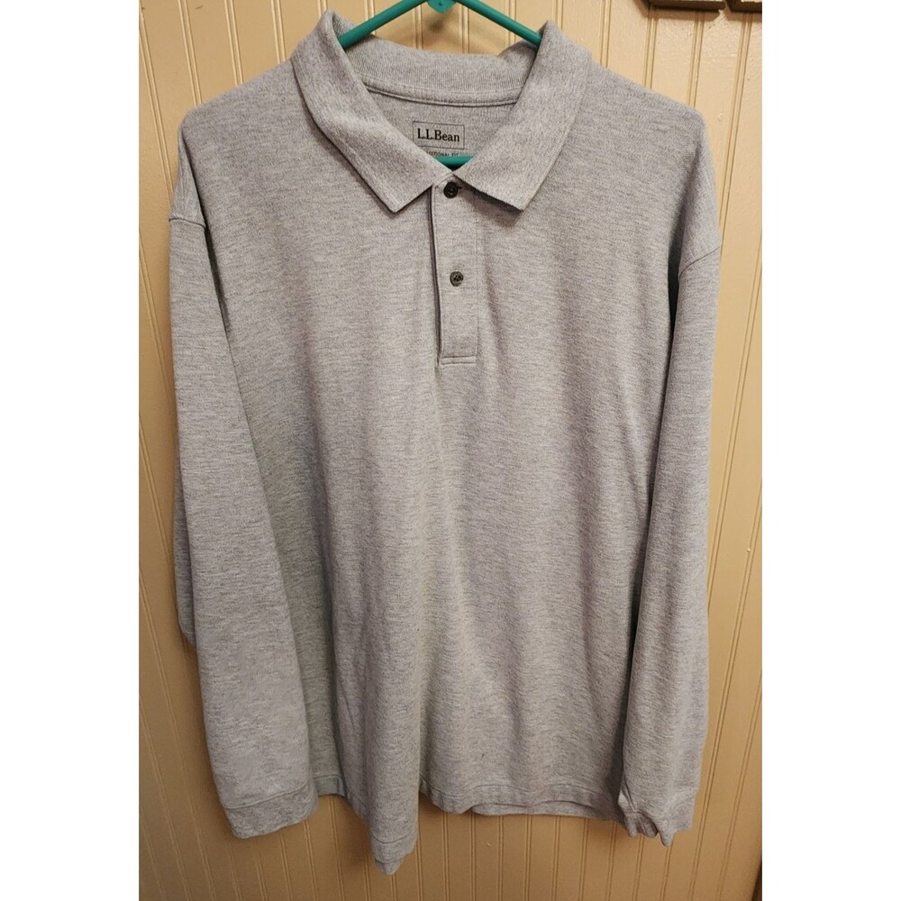 LL Bean Traditional Fit Long Sleeve Gray Cotton Men's Polo Shirt Size XL